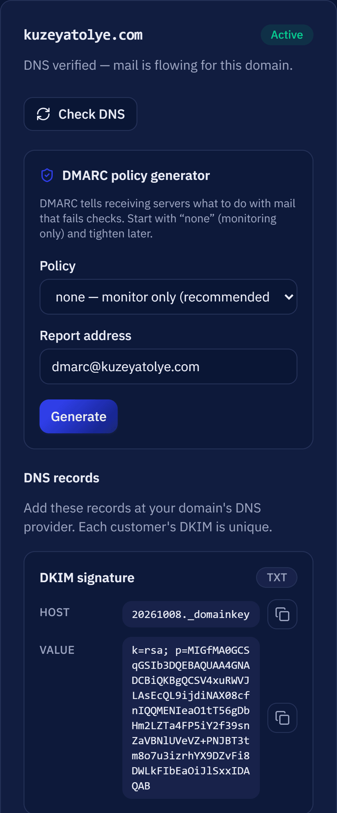 MailDots panel, Domains screen: kuzeyatolye.com is active, DNS verified; DKIM, Return-Path and DMARC records ready to copy.