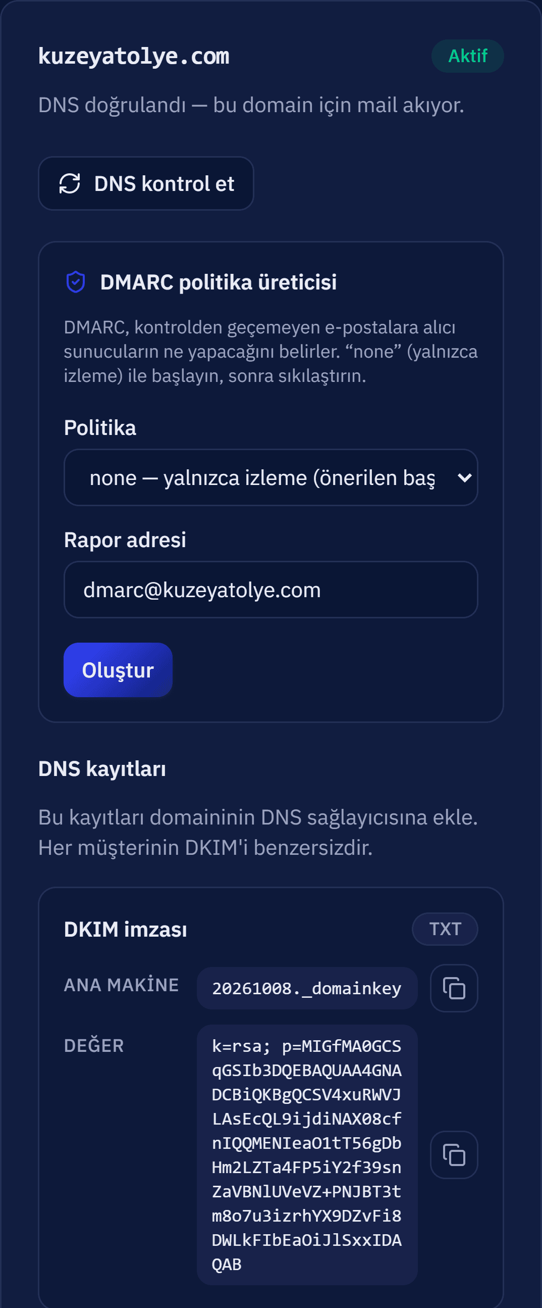 MailDots paneli, Domainler ekranı: kuzeyatolye.com aktif, DNS doğrulandı; DKIM, Return-Path ve DMARC kayıtları kopyalanmaya hazır.