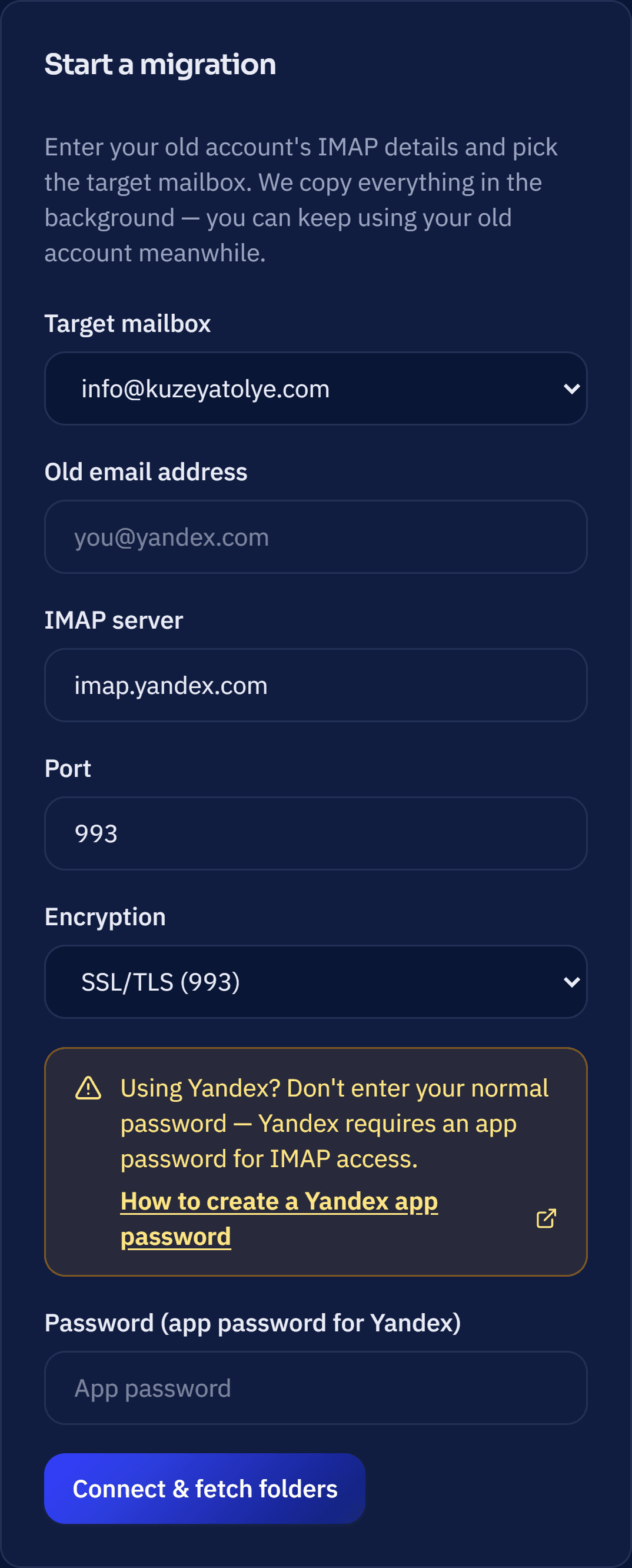 MailDots panel, Mail Migration form: destination info@kuzeyatolye.com, IMAP server imap.yandex.com, port 993.