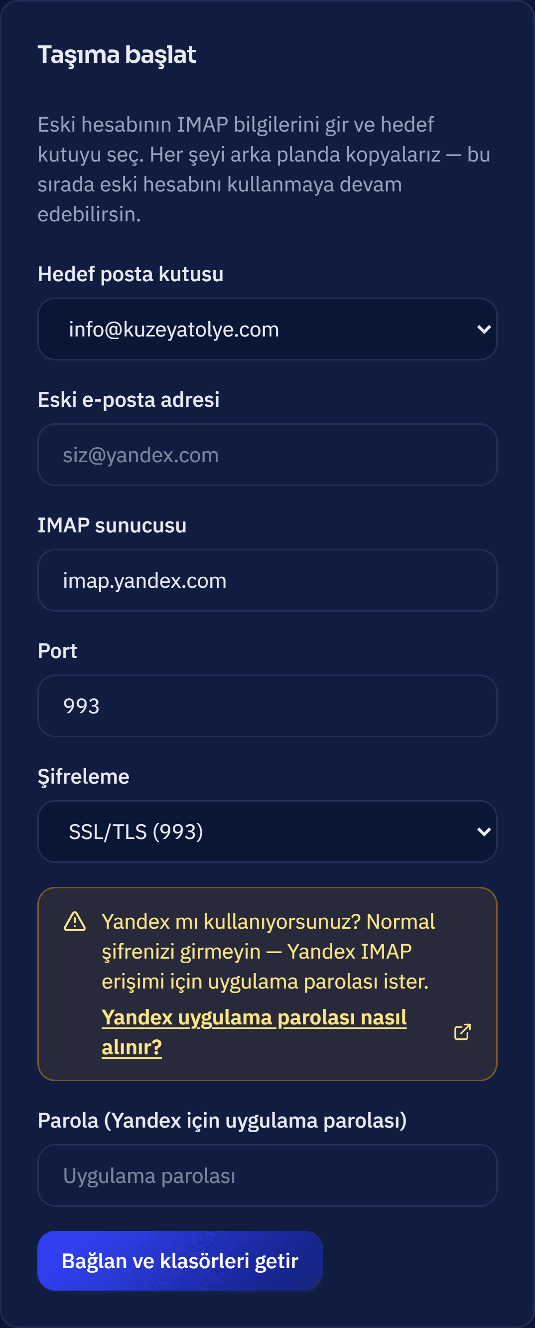 MailDots paneli, Mail Taşıma formu: hedef kutu info@kuzeyatolye.com, IMAP sunucusu imap.yandex.com, port 993.
