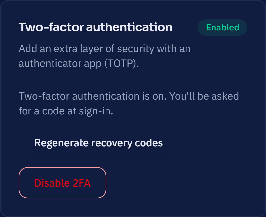 MailDots panel, Settings screen: two-factor authentication is active, with buttons to regenerate recovery codes and turn 2FA off.