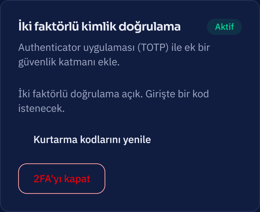 MailDots paneli, Ayarlar ekranı: iki faktörlü kimlik doğrulama aktif; kurtarma kodlarını yenile ve 2FA'yı kapat düğmeleri.